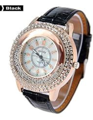 Fashion Round Case Quartz Watch Wristwatch Timepiece with Rhinestones Decor for Lady Female - Black