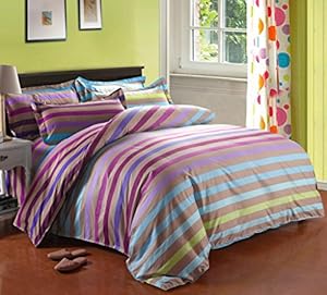 Cotton Blend Well Designed Colorful Stripe Pattern Duvet Cover Sets with Pillow Shams Full Queen Size