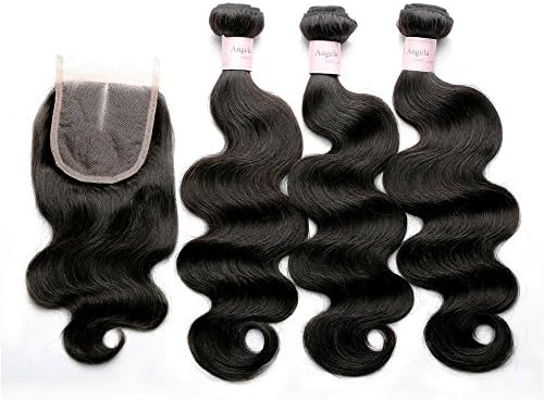 Angela Star 100% Unprocessed Brazilian Virgin Human Hair with 4*4 Middle Part Lace Closure Nature Color Body Wave Hair Extension Bundles (16 18 20 +10 Closure)