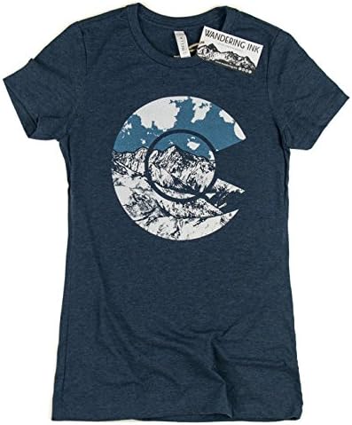 Women's Colorado Flag Art Wandering Ink Super Soft Hand Printed Tee Shirt (Medium, Heather Navy)