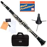 Mendini MCT-E B Flat Black Ebonite ABS Clarinet w/ Case, Stand, Mouthpiece, Box of 10 Reeds, Cork Grease, & a Pair of Gloves