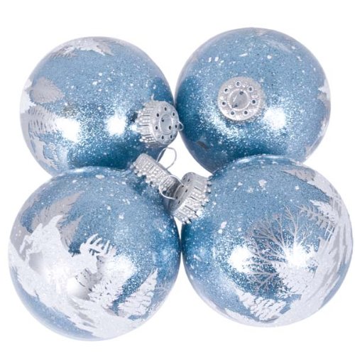 Blue Glass Baubles With White Winter Deer Decoration
