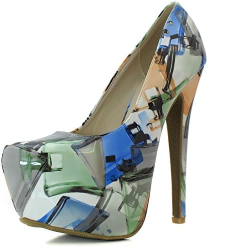 Women's Graphic Platform Pump Dress High Heel Stiletto Black Multi Color, Black (E30), 7