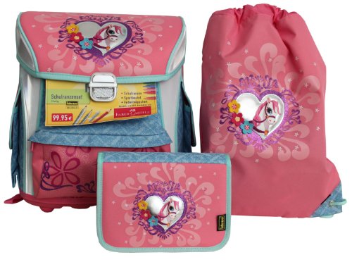 Idena 250187 - Schulranzenset Pony 3- teilig, Federmappe mit Faber Castell F&uuml;llung, Sportbeutel