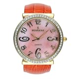 Peugeot Ladies Orange Genuine Leather Snap Bangle Watch with a Gold Tone Swarovski Crystal Bezel... by Peugeot