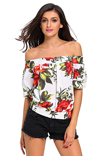 LOSRLY Womens Sexy Floral Print Off the Shoulder Crop Tops Shirts and Blouses White S 4 6