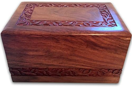 Quality Wood UrnsTM Unique Decorative Rosewood Light Brown Hand Carved Flower Cremation Funeral Urn Biodegradable Burial Memorial Keepsake for Human or Pet Dog or Baby Cat Ashes (Medium)