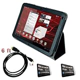 Premium Black Leather Cover + 2 Packs Of Clear Screen Protector + Micro Hdmi Output Cable 6ft For Motorola Xoom Android Tablet