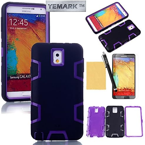 Galaxy Note 3 Case, Note 3 Cover, YEMARK(TM) Fashion High Impact 3-Layers Hybrid Bumper Hard Soft Silicone Back Protective Case Cover For Samsung Galaxy Note 3[Soft Silicone Skin][+ Stylus + Screen Protector + Cleaning Cloth]-(Black + Purple), Samsung Galaxy Note 3 Case