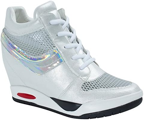 Womens Mesh Hi-Top Wedge Sneaker Trainer (L(US 7.5-US 8 38-39), Silver)