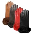 Luxury Lane Women's Cashmere Lined Rabbit Fur Cuff Lambskin Leather Gloves in Black, Chocolate, Tobacco, or Red