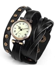 WAWO Women Wrap Around Bracelet Brown Long Leather Quartz Watch--Black