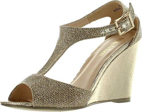 Bella Marie Soho-13 Women's Buckle T-strap Shinny Glitters Peep toe wedge Sandal gold 6