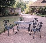 6pc Verdigris green Cast Aluminium Garden Furniture Oval 140cm, 4 Armhairs & matching Parasol Base