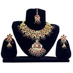 Bollywood Set Kareena dunkelrote Steine goldfarbene Fassung indisches Schmuck-Set 3-teilig