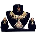 Bollywood Set Kareena dunkelrote Steine goldfarbene Fassung indisches Schmuck-Set 3-teilig