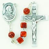 6mm Brown Cube Cocoa Bead Rosary w/Sterling Silver Crucifix & Rosary-Boxed 52/145 15" w/o Crucifix & Center Patron Saint St. Medal Pendant Necklace In Gift Box