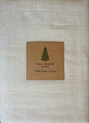 Well Dressed Table Fabric Tablecloth Tan with Holiday Silver Metallic Threading 60 Inches by 84 Inches