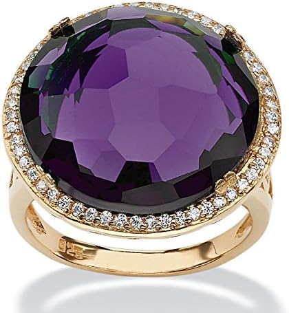 Checkerboard-Cut Simulated Amethyst and CZ 14k Gold-Plated Halo Cocktail Ring