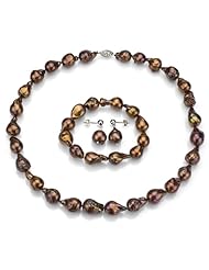 925 Sterling Silver 10-11mm Chocolate Nuclated Freshwater Pearl Necklace 18" Length with Matching Bracelet 7.25" and Stud Earring Jewelry Set.