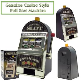 Casino Slot Machine Bank - Slot Machines > Toy & Bank” /></a></p>
<p>      Product Description<br />
  This is a real action casino style slot machine. It fits perfectly on your desk, in your home office or business.   Flashing candle on jackpot Realistic game play Jackpot bell sound Live spinning reels Working handle Savings bank coin slot on back Jackpot coin return 7.5 inches tall X 4 inches wide X 4 inches deep</p>
<p>   <a target=