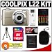 Nikon Coolpix L22 12.0 Megapixel Digital Camera with 3.6x Optical Zoom (Champagne Silver) with + 4GB Card + (4) Batteries + Case + Accessory Kit