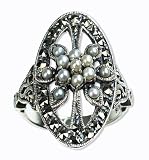 Oval Shield Silver Natural Seed Pearl Ring size 8 – by Dahlia Vintage Jewelry Collection (Size 5, 6, 7, 8, 9)