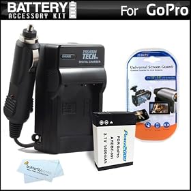 Battery And Charger Kit For GoPro HD HERO, HD HERO2, HD Hero 960 Camera Includes Extended Replacement (1400Mah) AHDBT-001, AHDBT-002 Battery Battery + Ac/Dc Rapid Travel Charger + MicroFiber Cloth + More