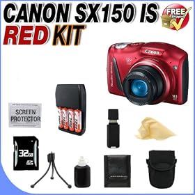Canon PowerShot SX150 IS 14.1 MP Digital Camera with 12x Wide-Angle Optical Image Stabilized Zoom with 3.0-Inch LCD (Red) + 32GB SDHC Memory Card + 4 Rechargeble NIMH AA Batteries + Ac/Dc Rapid Charger + Memory Card Wallet + SDHC Card Reader + LCD Screen Protectors + Case + Accessory Saver Bundle!
