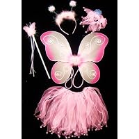 Pink Butterfly Fairy Princess 5 Piece Costume Set. Includes Wand, Wings, Antennas, Tutu, Hair-tie.