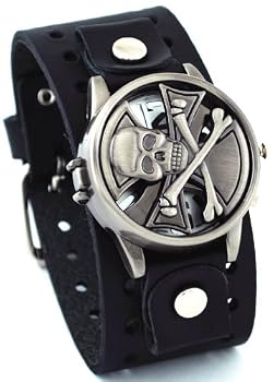 Nemesis #NE919BL Men's Wide Leather Spinning Iron Cross Bone Cuff Watch