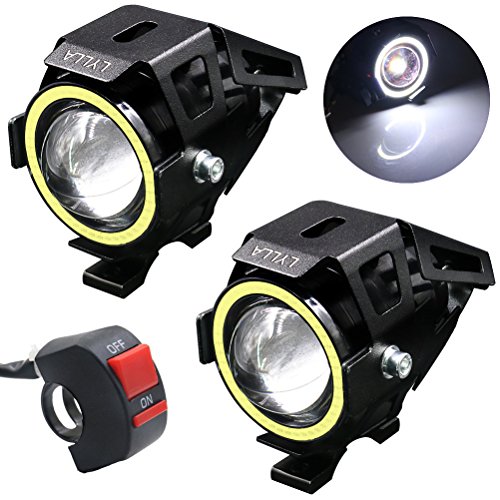 LYLLA Motorcycle LED Headlight CREE U7 with Angel Eyes Ring and Switch (Pack of 2, White)