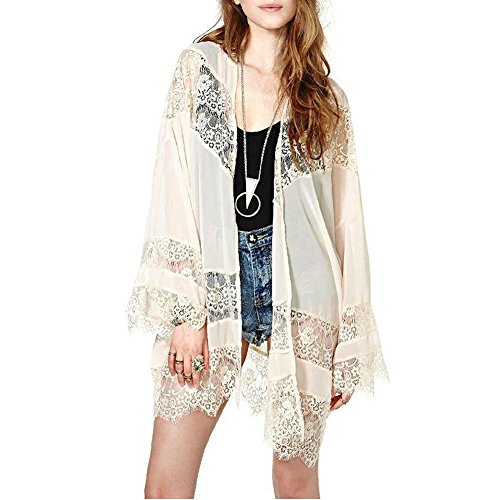iecool Women's Fashion Lace-Merging Tassels Chiffon Shirt Loose Kimono Cardigan Coat