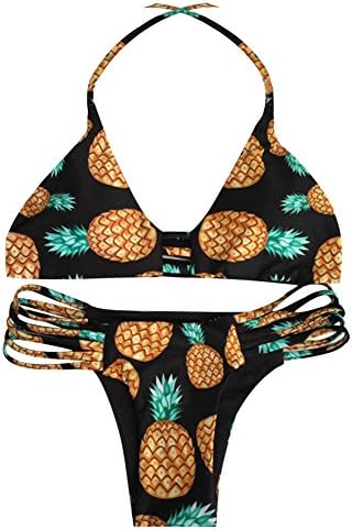 Megaerobe Women's Reversible Pineapple Ananas Halter Swimwear Bikini Set (Black, Small)