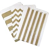 Outside the Box Papers Gold and White Chevron and Stripe Treat Sacks - Favor Bags Birthday For Wedding Baby Shower Anniversary, Pack of 48