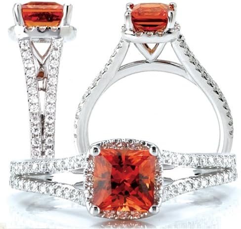 18k Elite Collection Chatham 5.5mm princess cut padparadscha orange sapphire engagement ring with split shank