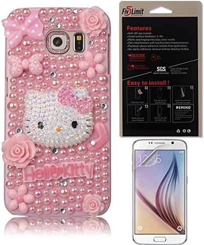 Galaxy S6 Bling Case, FiveLimit(TM) 3D Handmade Luxury Rhinestone Crystal Galaxy S6 SM-G9200 Case Pearl Pink Cute Hello Kitty Flower Diamond Case Cover (Package includes: 1 X Screen Protector) (Pink Cute Hello Kitty)