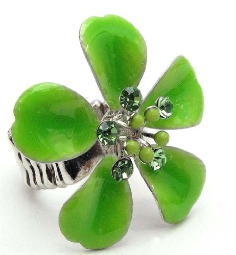Large Green Flower Crystal Studded Stretch Ring