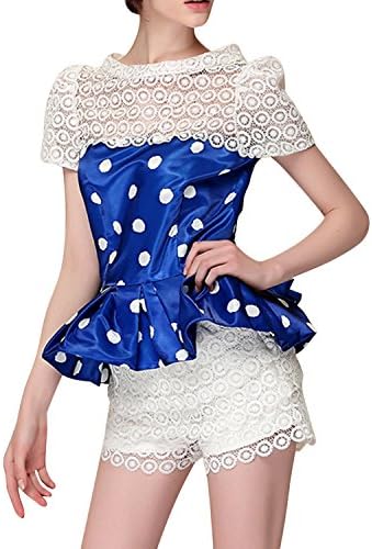 YG Womens Polka Dots Short Sleeve See Through Top Peplum Short Lace Pants Set, M