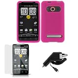 Hot Pink Silicone Case / Skin / Cover, LCD Screen Guard / Protector & Car Charger for HTC Evo 4G