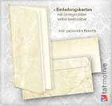 Einladungskarten Marmor (25 Sets inkl. Kuverts) Klappkarten, Briefumschläge, Einlegeblätter + Goldbänder. Für Einladungen, Menükarten, Geburtstag, Party oder Hochzeit. Einfach selbst bedruckbar!