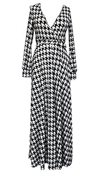 Sexy V-neck Floor Length Houndstooth Print  Belted Polyester/Spandex  Dress With Ruffles