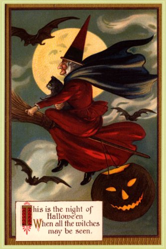 WITCH FLYING BROOM MOON HALLOWEEN BLACK CAT PUMPKIN VINTAGE POSTER REPRO