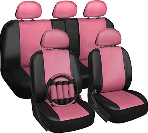 Oxgord 17pc Set Faux Leather / Pink & Black Auto Seat Covers Set - Airbag Compatible - 50/50 or 60/40 Rear Split Bench - 5 Head Rests - Universal Fit for Car, Truck, or SUV - FREE Steering Wheel Cover