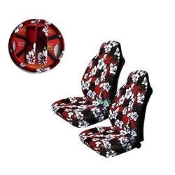 A Set of 5 Pc. Universal-fit Hawaiian Front Bucket Seat Cover, Steering Wheel Cover and Shoulder Harness Pressure Relief Cover - Red Hawaii Hibiscus Floral Print