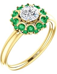 18K Yellow Gold Round Cut Diamond and Emerald Flower Inspired Ring -- LIFETIME WARRANTY