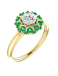 10K Yellow Gold Round Cut Diamond and Emerald Flower Inspired Ring -- LIFETIME WARRANTY
