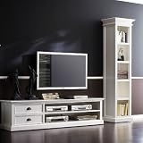 Interior White Distressed Media Center and TV Stand, CD and DVD storage made of solid Mahogany Wood, 2 drawers and 2 shelves, Halifax Collection