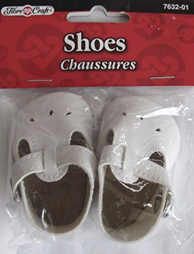 Fibre Craft PAIR of DOLL SHOES 2-1/2" Long w SNAP 'BUTTON' on Front T STRAP Color WHITE (2002)