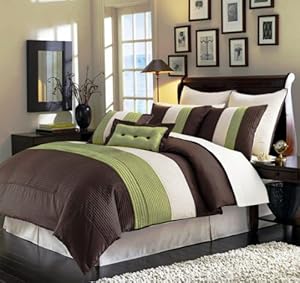 Amazon.com: 8 Pieces Beige, Green and Brown Luxury Stripe Comforter ...